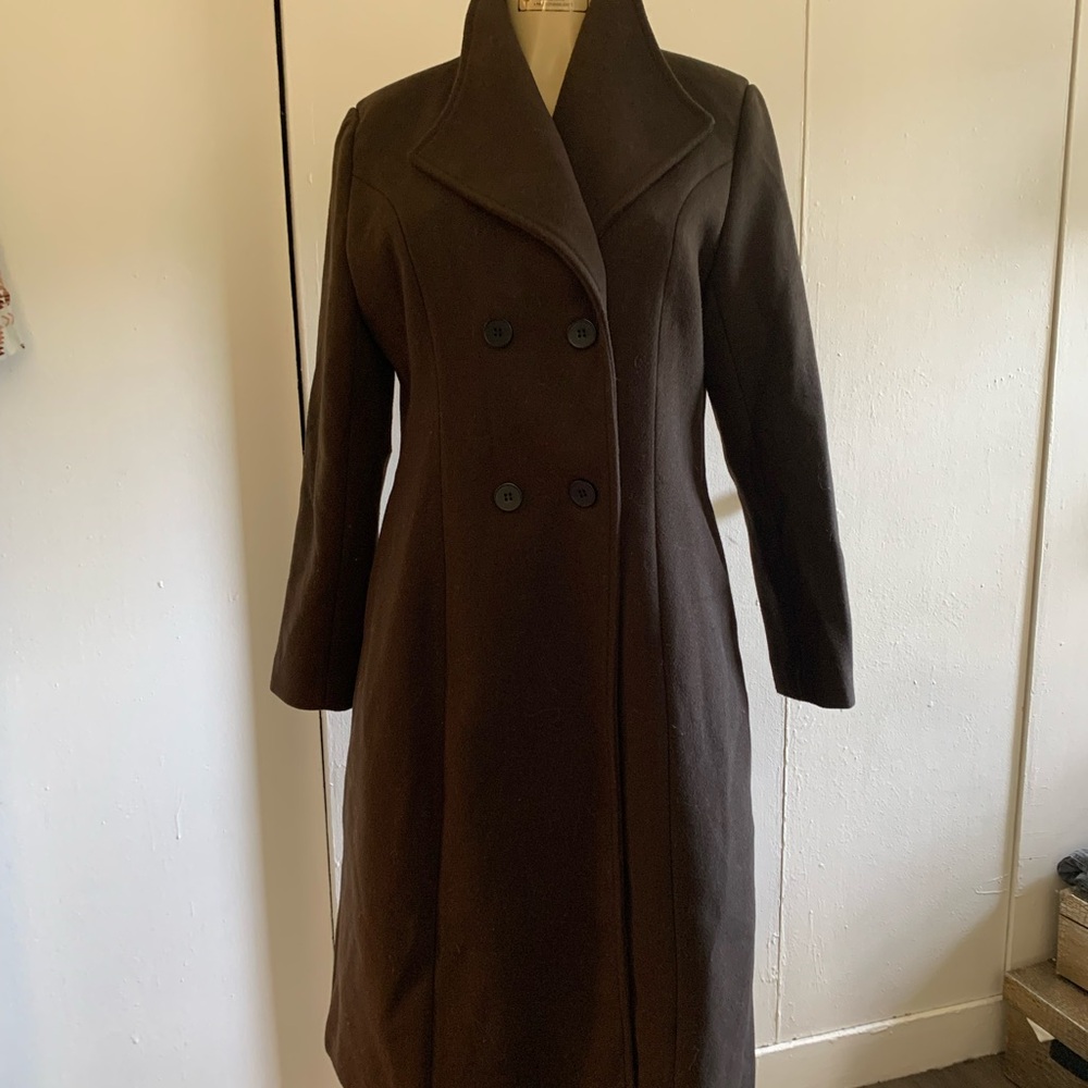 Chocolate Brown Women's Double-Breasted Wool Coat - Picture 2 of 5